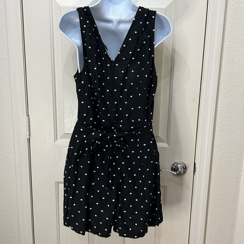 Loft Shorts Romper Sz 10 Black White Embroidered Polka Dot 55% Linen 45% Viscose - Picture 7 of 11